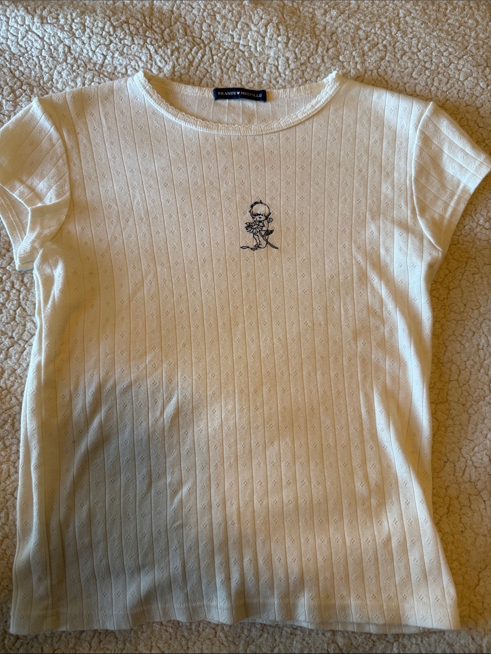 Brandy Melville Cream Ribbed Tee with Navy Cartoon Embroidery